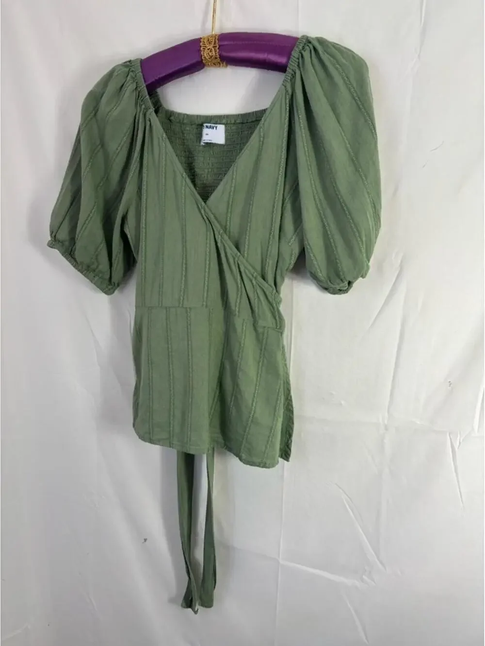 Sage Green Cotton V‎ Neck Babydoll Puff Sleeve Boho Whimsy Wrap Top Size XS-M
